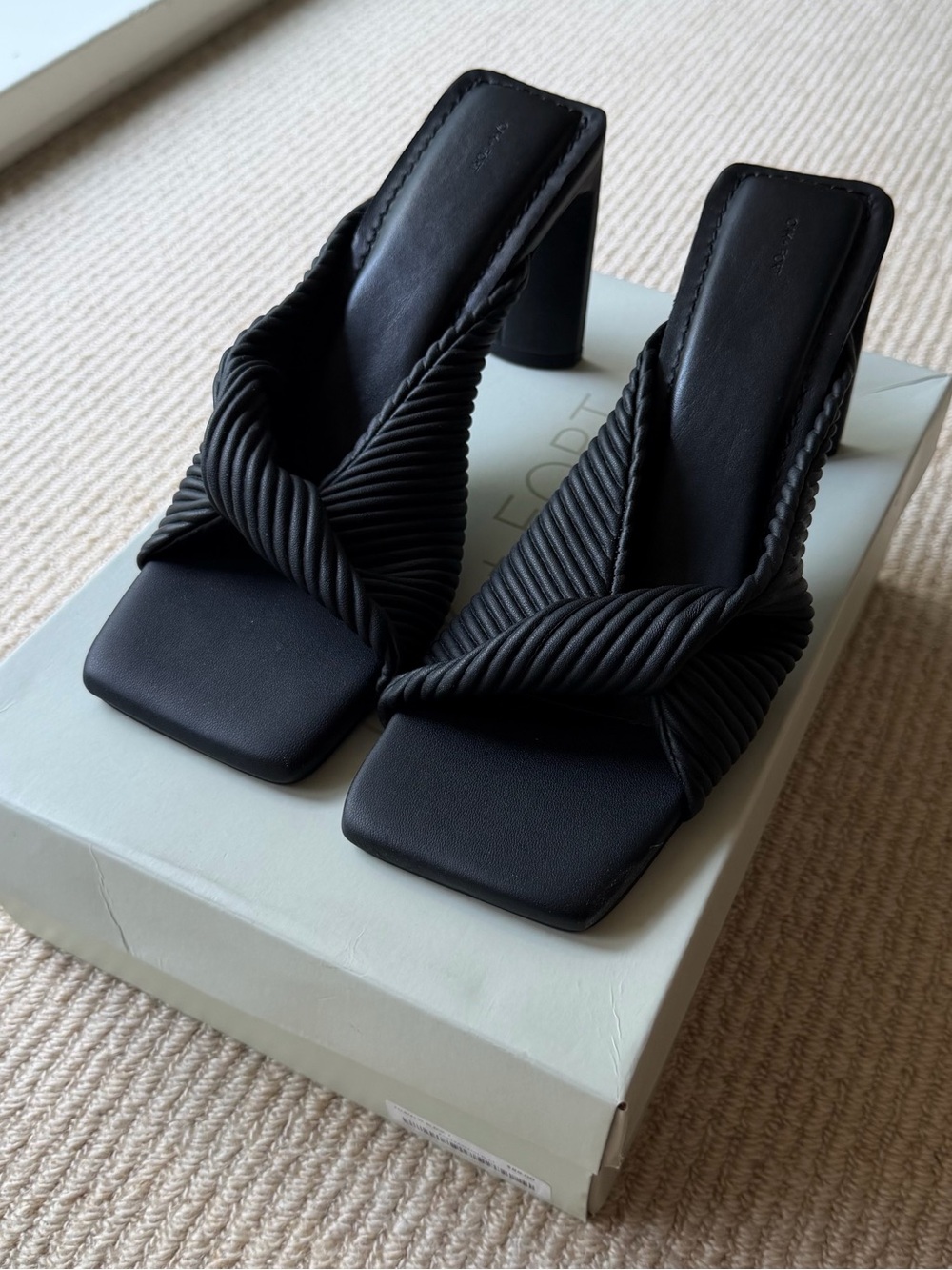 Black Twisted Strap Square-Toe Heeled Sandals